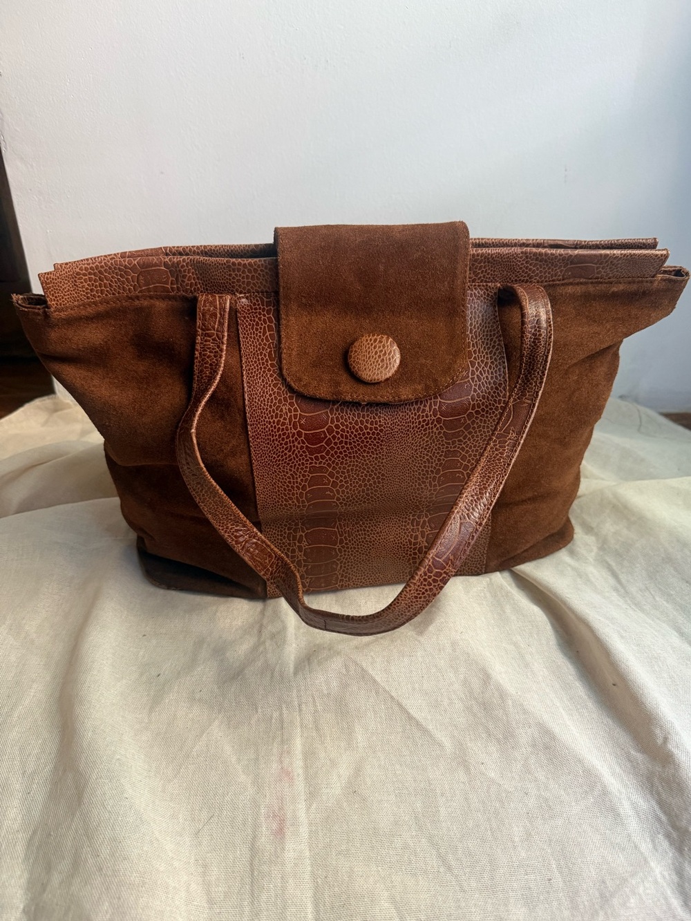 Vintage Brown Leather Tote Distressed Croc Embossed Carryall Slouchy Boho Bag